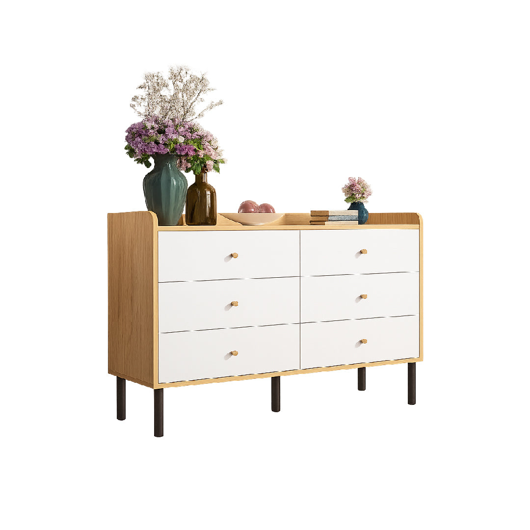 Wood dresser drawer  with six white drawers and black legs, front side